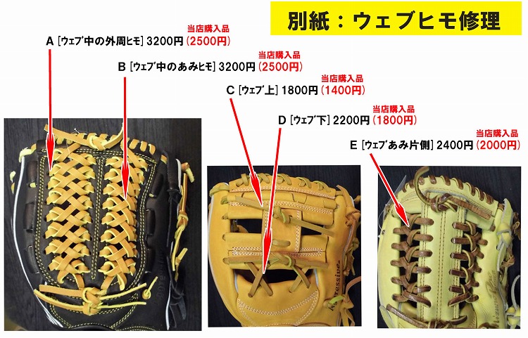 グラブ修理の価格 野球用品 セカンドベース